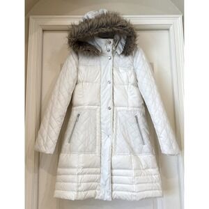 Mac & Jac White Down Mid Length Puffer Coat Jacket Faux Fur Hooded Detach Sz M